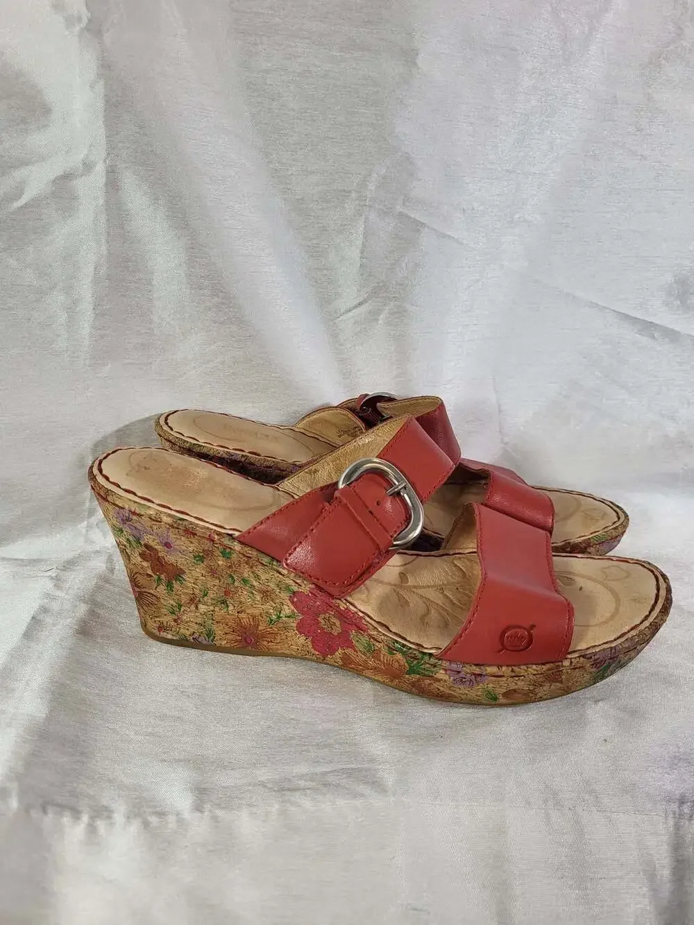 Born Red Leather Floral Cork Wedge Slide Sandals